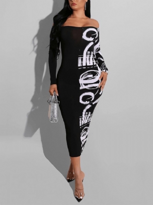 Alphabet Graffiti Patchwork Off Shoulder Sort Bodycon Maxi Kjole
