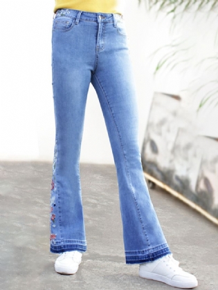 Blomsterbroderede Højtaljede Denimbukser Med Høj Talje