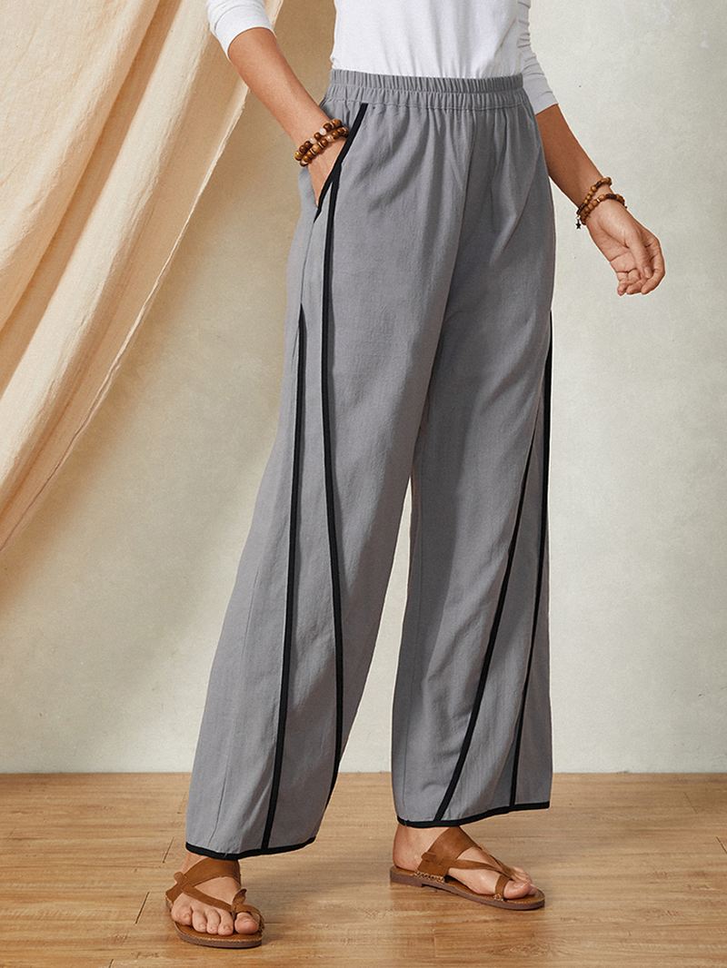 Bomuld Elastisk Talje Casual Patchwork Pocket Brede Ben Kvinder Bukser