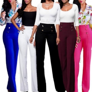 Bredt Ben Højtaljet Kvinder Bukser Knap Plus Størrelse Flare Casual Bukser Kontor Dame Loose Stretch Palazzo Bukser