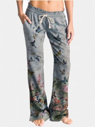 Butterfly Blomster Med Tryk Snøre Elastisk Talje Casual Bukser Til Kvinder