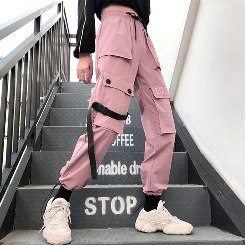 Forår Streetwear Broderi Dame Cargo Bukser Kvinder Casual Joggers Solide Big Pocket Bukser Højtaljede Løse Kvindebukser