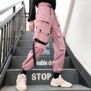 Forår Streetwear Broderi Dame Cargo Bukser Kvinder Casual Joggers Solide Big Pocket Bukser Højtaljede Løse Kvindebukser