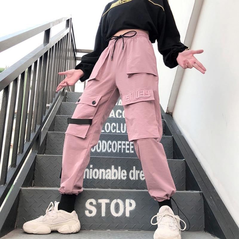 Forår Streetwear Broderi Dame Cargo Bukser Kvinder Casual Joggers Solide Big Pocket Bukser Højtaljede Løse Kvindebukser