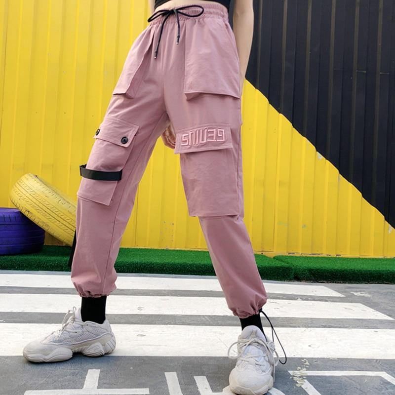Forår Streetwear Broderi Dame Cargo Bukser Kvinder Casual Joggers Solide Big Pocket Bukser Højtaljede Løse Kvindebukser