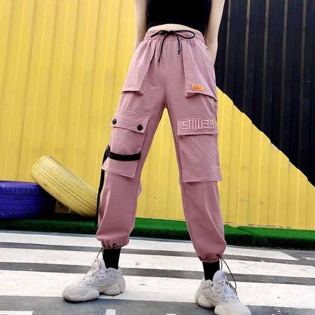 Forår Streetwear Broderi Dame Cargo Bukser Kvinder Casual Joggers Solide Big Pocket Bukser Højtaljede Løse Kvindebukser