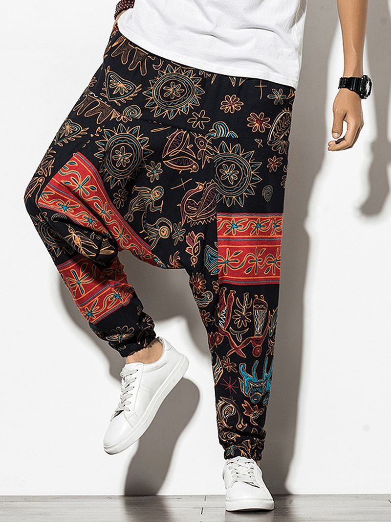 Herre 100% Bomuld Design Etnisk Stil Mønster Lomme Sorte Drop-skridt Bukser