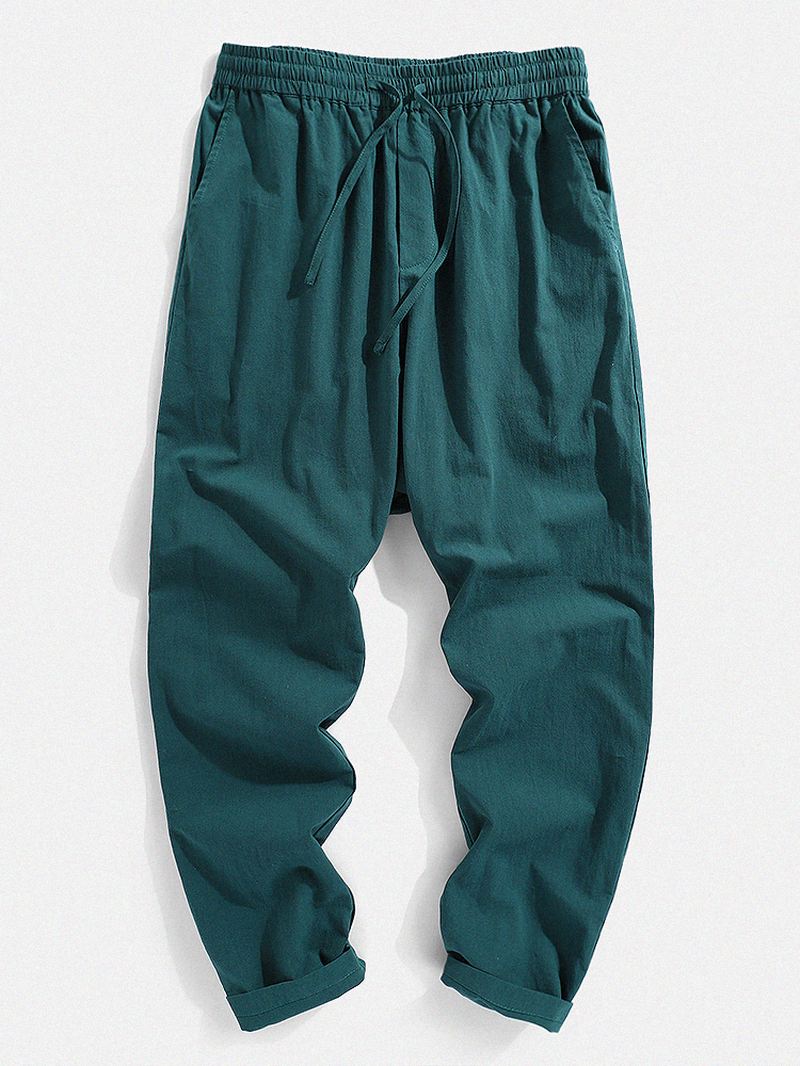 Herre 100% Bomuld Ensfarvet Baggy Casual Bukser Med Snoretræk
