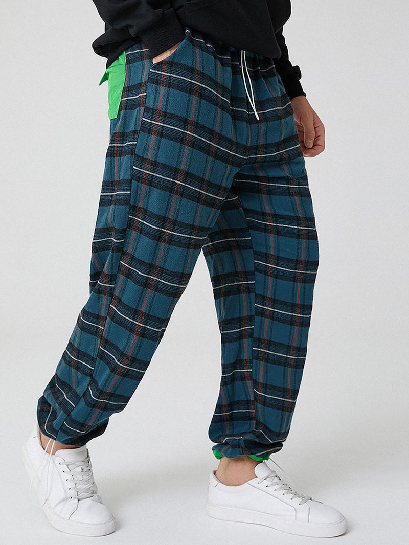 Herre 100% Bomuld Plaid Pocket Elastisk Talje Snøre Casual Bukser