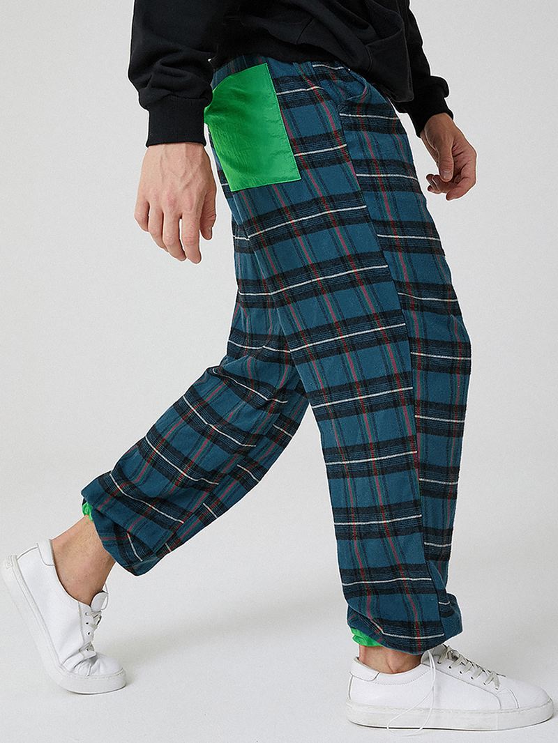 Herre 100% Bomuld Plaid Pocket Elastisk Talje Snøre Casual Bukser