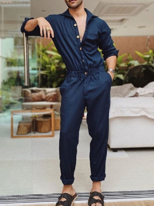 Herre Bomuld Ensfarvet Knap Op Reverskrave Casual Jumpsuits