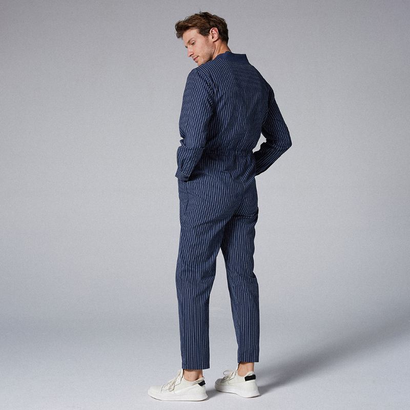 Herre Bomuld Stripe Stand Krave Onesies Lommer Casual Lige Jumpsuit