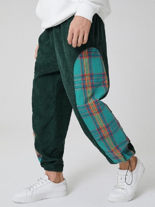 Herre Corduroy Plaid Patchwork Lomme Snøre Elastisk Talje Joggerbukser