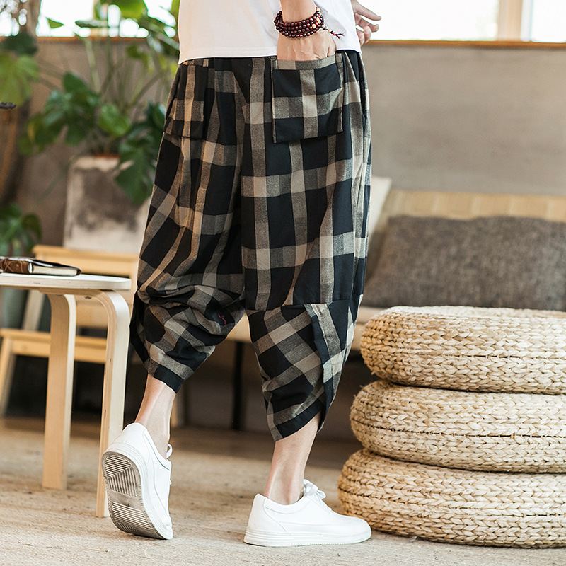 Herre Plaid Bomuld Linned Løs Snøre Læglange Casual Harem Bukser