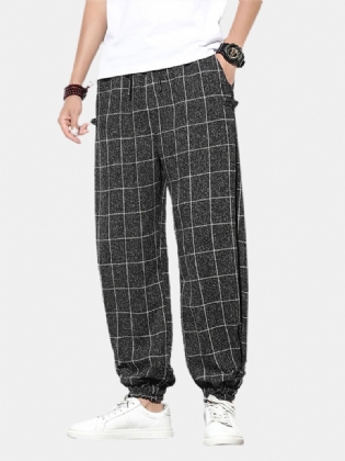 Herre Plaid Med Tryk Spænde Casual Elastisk Talje Snøre Beam Feet Bukser