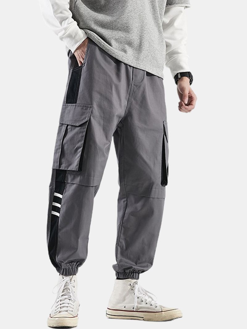 Herre Side Stribet Patchwork Bomuld Snøre Manchet Cargo Jogger Bukser