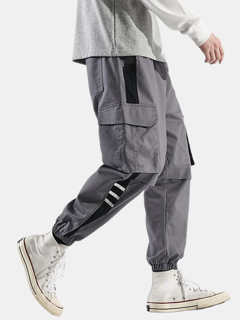 Herre Side Stribet Patchwork Bomuld Snøre Manchet Cargo Jogger Bukser