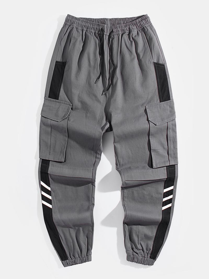 Herre Side Stribet Patchwork Bomuld Snøre Manchet Cargo Jogger Bukser