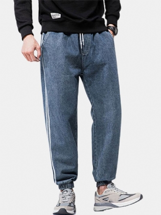 Herre Side Stripe Casual Snøre Elastiske Ankel Vaskede Denimbukser Med Lomme