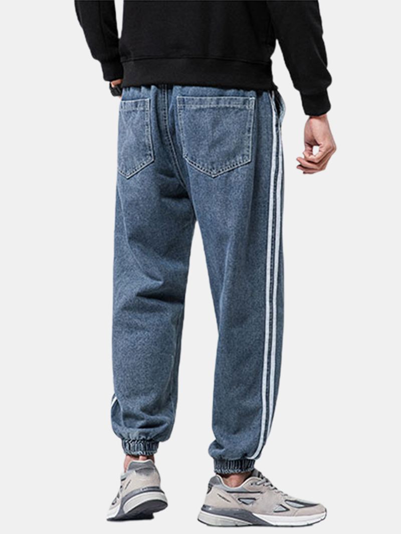 Herre Side Stripe Casual Snøre Elastiske Ankel Vaskede Denimbukser Med Lomme