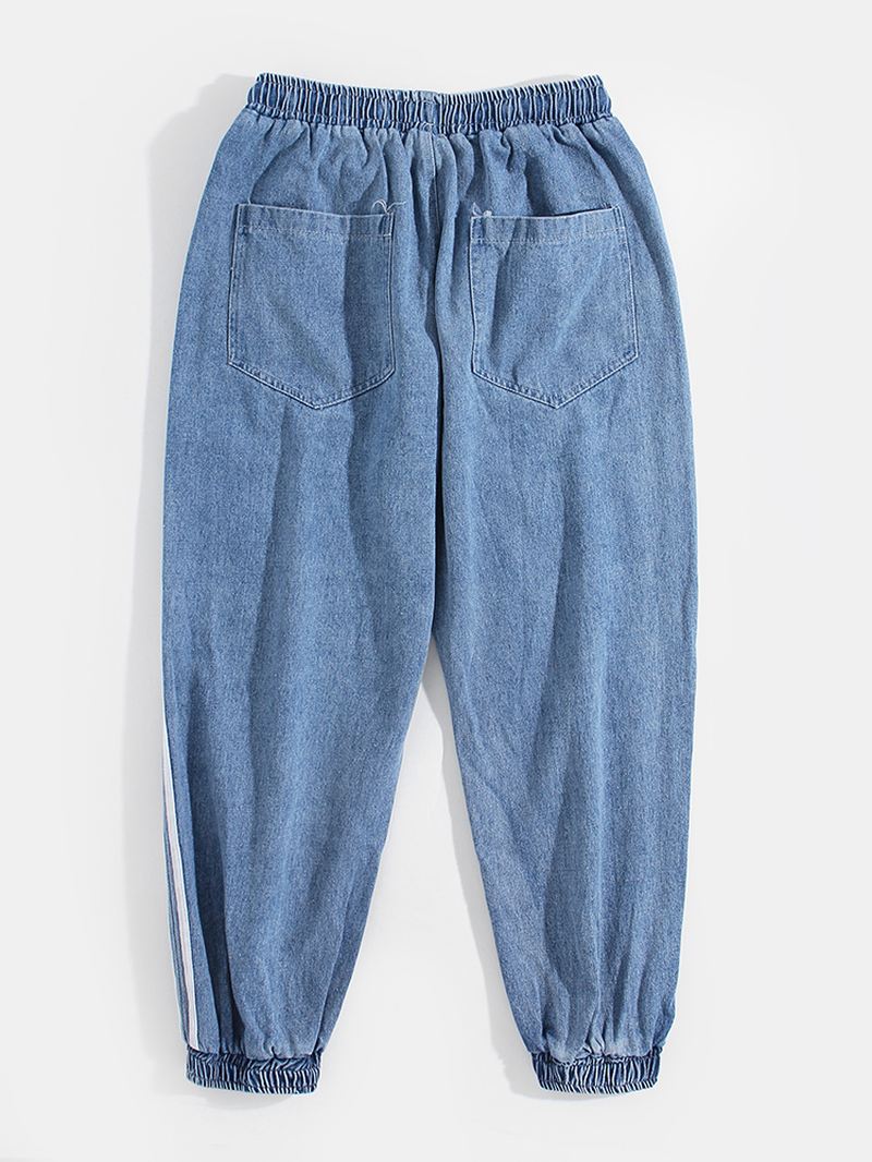 Herre Side Stripe Casual Snøre Elastiske Ankel Vaskede Denimbukser Med Lomme