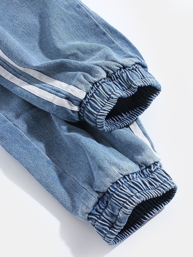 Herre Side Stripe Casual Snøre Elastiske Ankel Vaskede Denimbukser Med Lomme