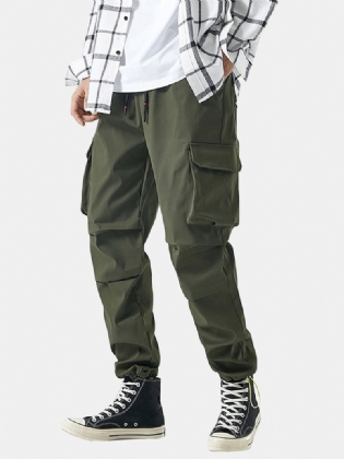 Herre Solid Applique Bomuld Snøre Manchet Cargo Bukser Med Multi Lommer
