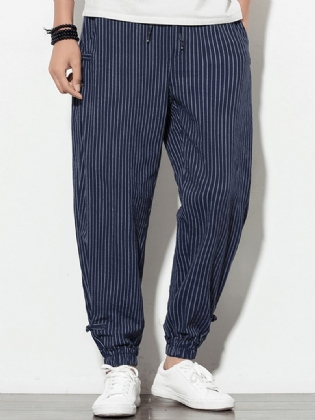 Herre Vintage Stripe 100% Bomuld Ensfarvede Bukser Med Snoretræk