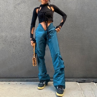 Højtaljede Solide Rynkede Lommer Flare Cargobukser Forår Sommer Kvinder Mode Sexet Streetwear Casual Bukser