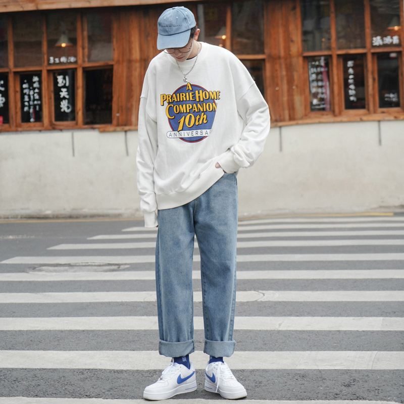 Jeans Med Lige Ben Vaskede Retro Teenager Trendy Curled Daddy-bukser Med Brede Ben
