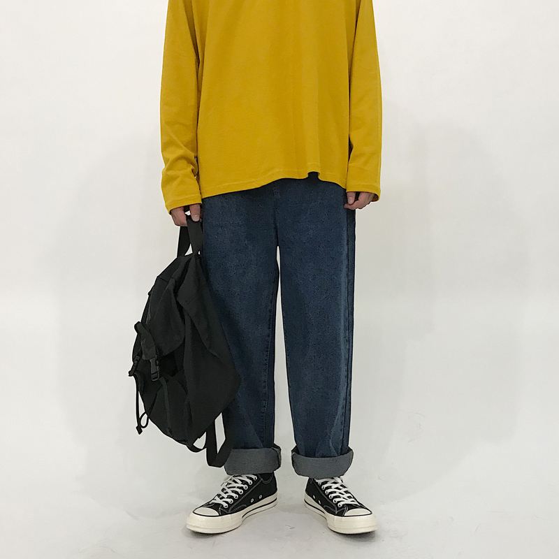 Jeans Med Lige Ben Vaskede Retro Teenager Trendy Curled Daddy-bukser Med Brede Ben