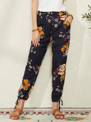 Kvinder Blomsterprint Bohemian Tie Manchetbukser Med Lomme