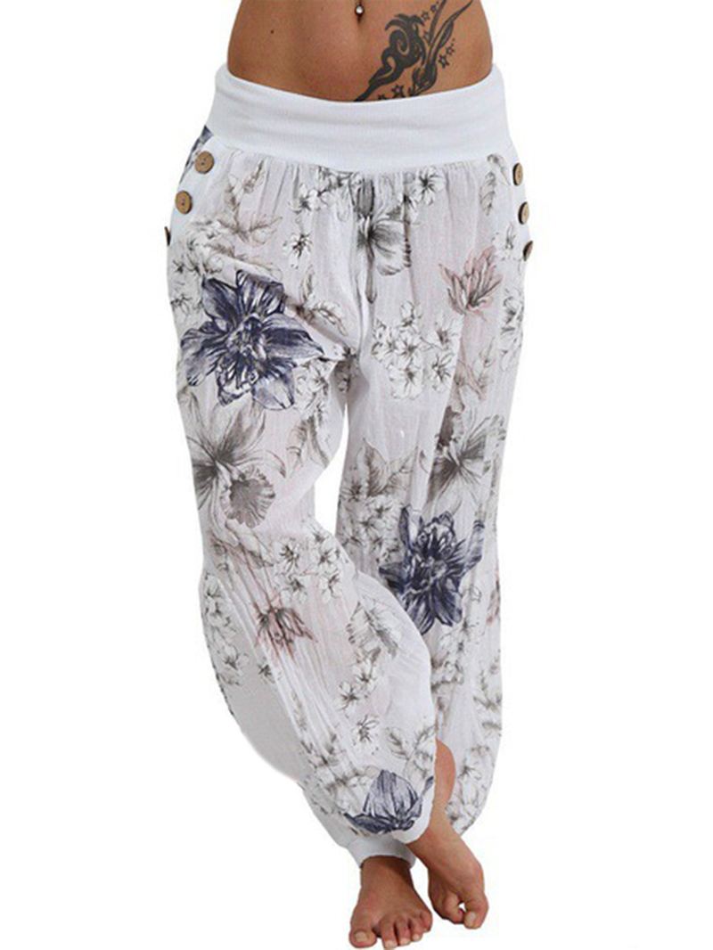 Kvinder Casual Løs Blomsterprint Knap Fuld Længde Bukser