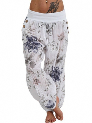 Kvinder Casual Løs Blomsterprint Knap Fuld Længde Bukser