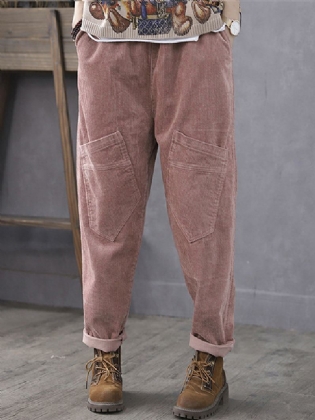 Kvinder Corduroy Cargo Style Elastiske Taljebukser Med Multi Pocket