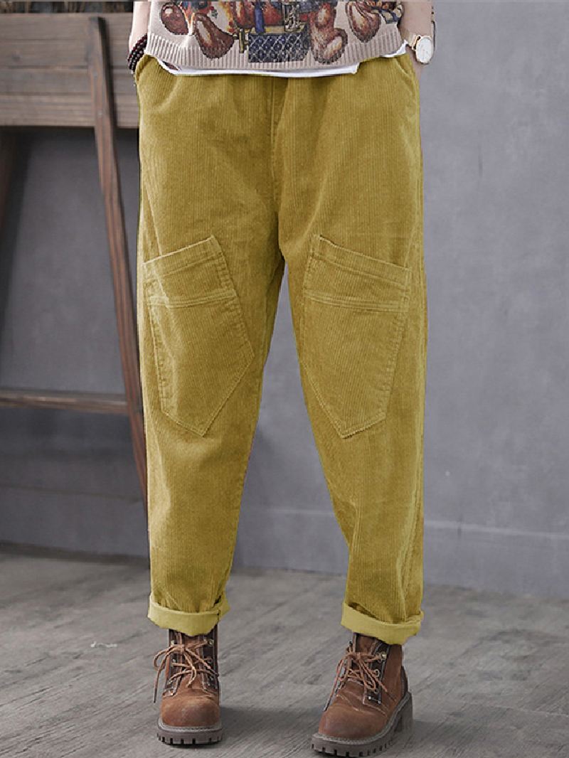 Kvinder Corduroy Cargo Style Elastiske Taljebukser Med Multi Pocket