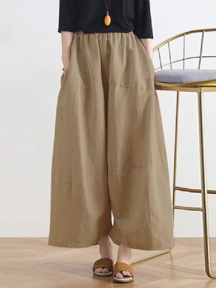 Kvinder Ensfarvet Patchwork Elastisk Talje Casual Bukser Med Brede Ben Med Sidelommer