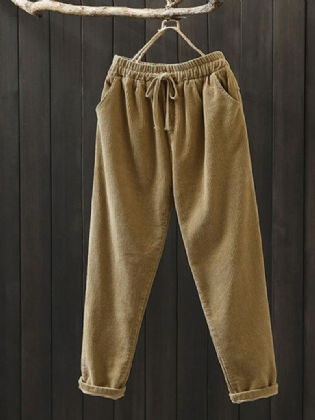 Kvinder Fløjlsbukser Solid Simple Vintage Snøre Elastiske Taljebukser