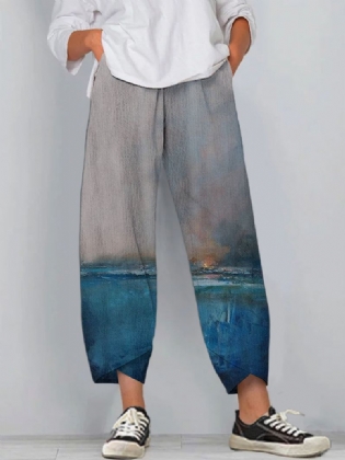Kvinder Landskab Udskriv Corduroy Split Elastci Talje Casual Harem Bukser