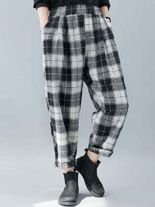 Kvinder Plaid Farve Blok Elastisk Højtalje Side Pocket Harem Bukser