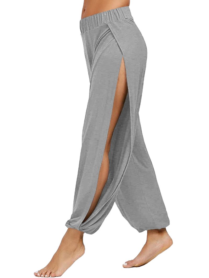 Kvinder Side Split Elastisk Talje Løs Ensfarvet Yoga Sports Casual Bukser