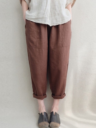 Kvinder Vintage Høj Elastisk Talje Solid Løse Bomuld Harem Bukser