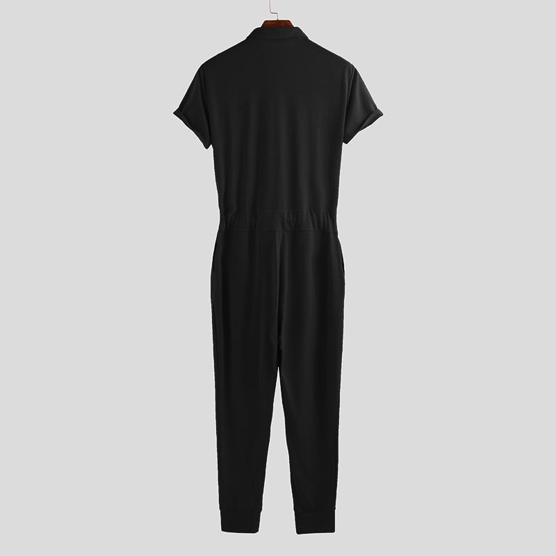 Mænd Kortærmet Jumpsuit Lapel Neck Romper Bodybuilding Overalls Bukser Playsuit