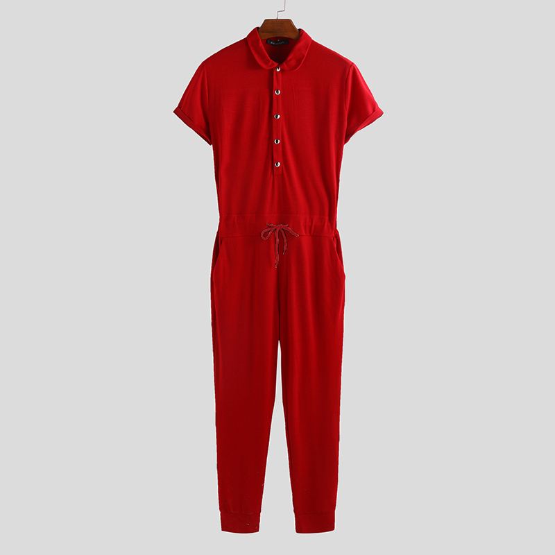 Mænd Kortærmet Jumpsuit Lapel Neck Romper Bodybuilding Overalls Bukser Playsuit