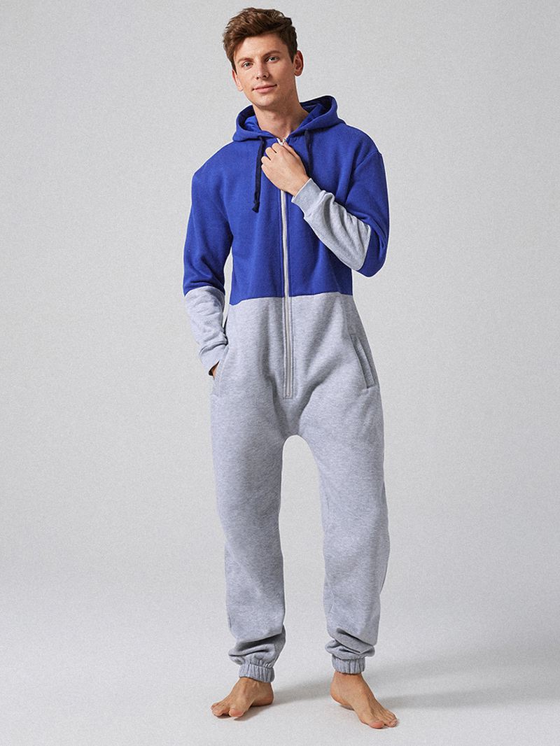 Mænd Mode Velvet Thick Contrast Farve Lynlås Hætte Loungewear Jumpsuit