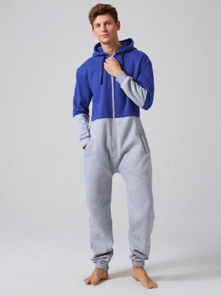 Mænd Mode Velvet Thick Contrast Farve Lynlås Hætte Loungewear Jumpsuit
