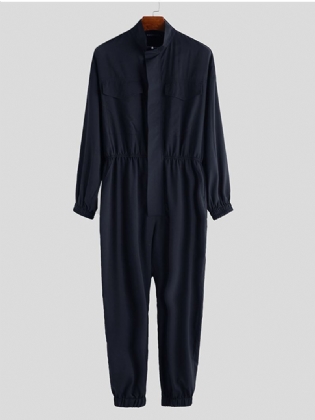 Mænds Langærmede Romper Stand Krave Jumpsuit Bukser Lynlås Cargo Work Overalls