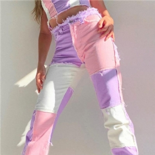 Patchwork Contast Farve Hip Hop Bukser Kvinder High Waist Street Wear Tassel Jeans Casual Denimbukser