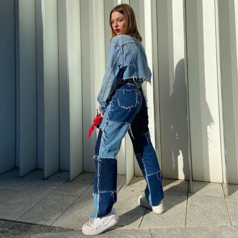 Patchwork Contast Farve Hip Hop Bukser Kvinder High Waist Street Wear Tassel Jeans Casual Denimbukser