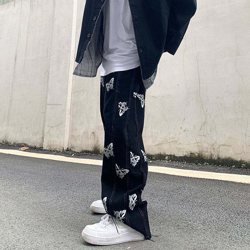 Personlighed Sommerfugl Reflekterende Udskrivning Syning Kvast Harajuku Hip-hop Street Straight Jeans Dark Tide